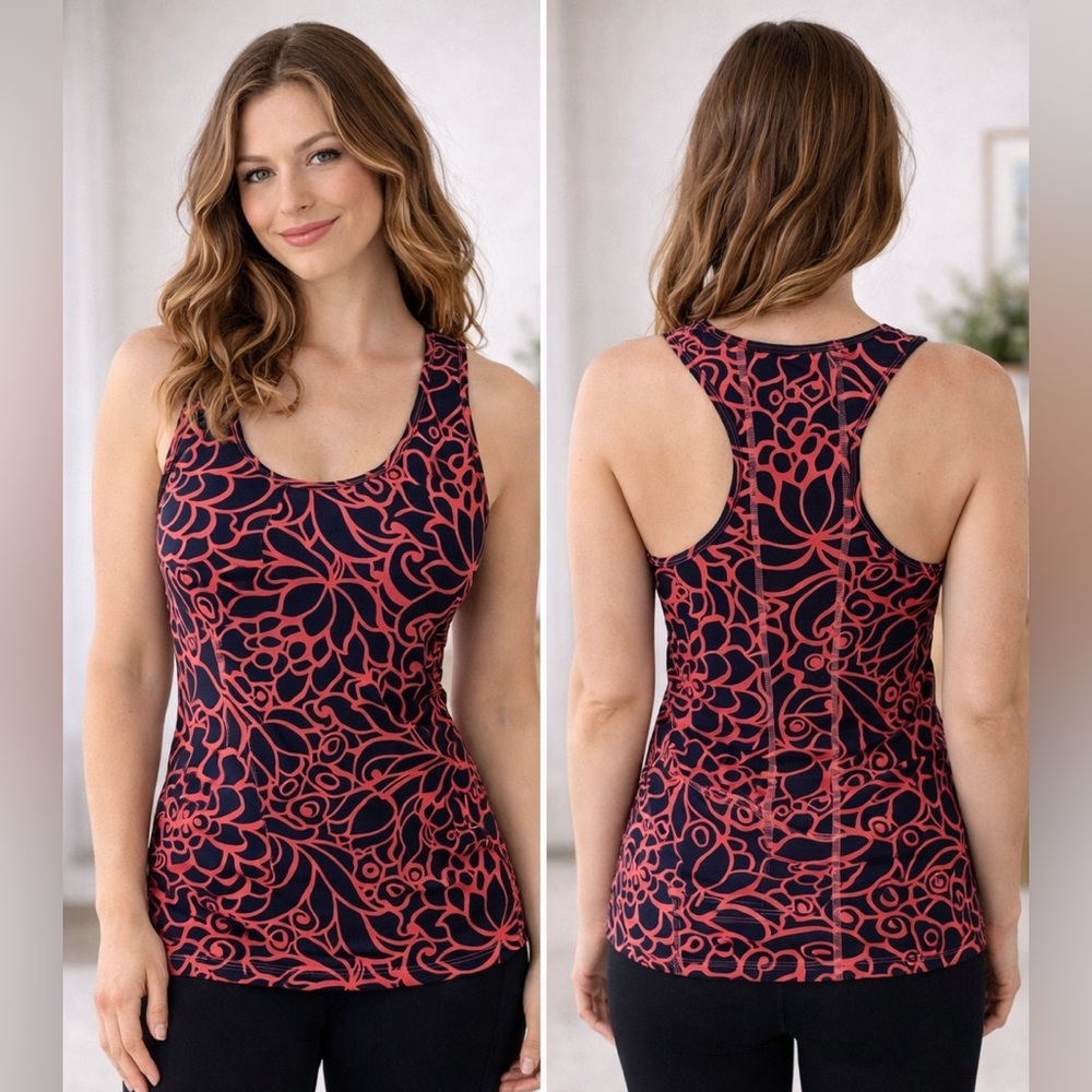 Talbots Floral Athletic Tank Top Shelf Bra Navy Coral Size M